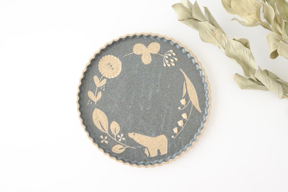 なみなみプレート｜中凸｜シロクマ｜紺｜陶器｜苔色工房｜田中遼馬｜和