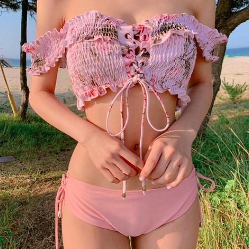 大特価】ピンク 花柄 フラワー シャーリング ギャザー レースアップ