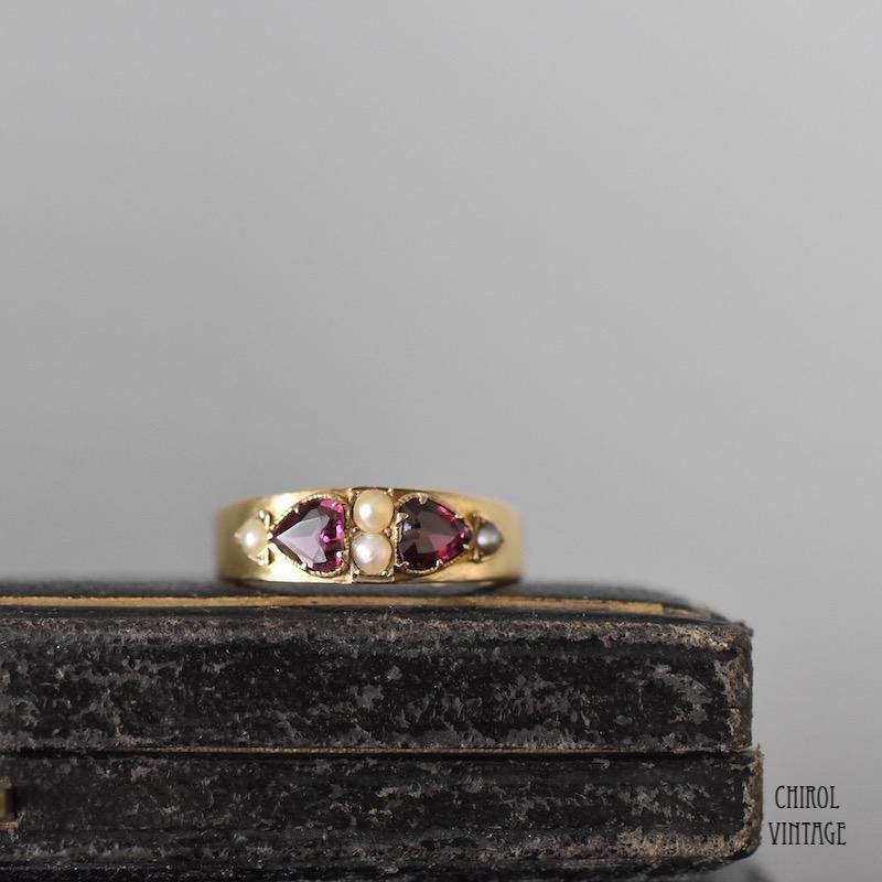 アンティーク 15Kゴールド ハートガーネットxシードパールリング