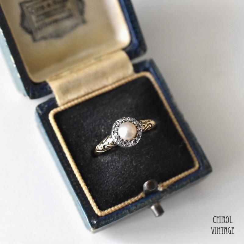 アンティーク 18Kゴールド パールxダイアモンドクラスターリング