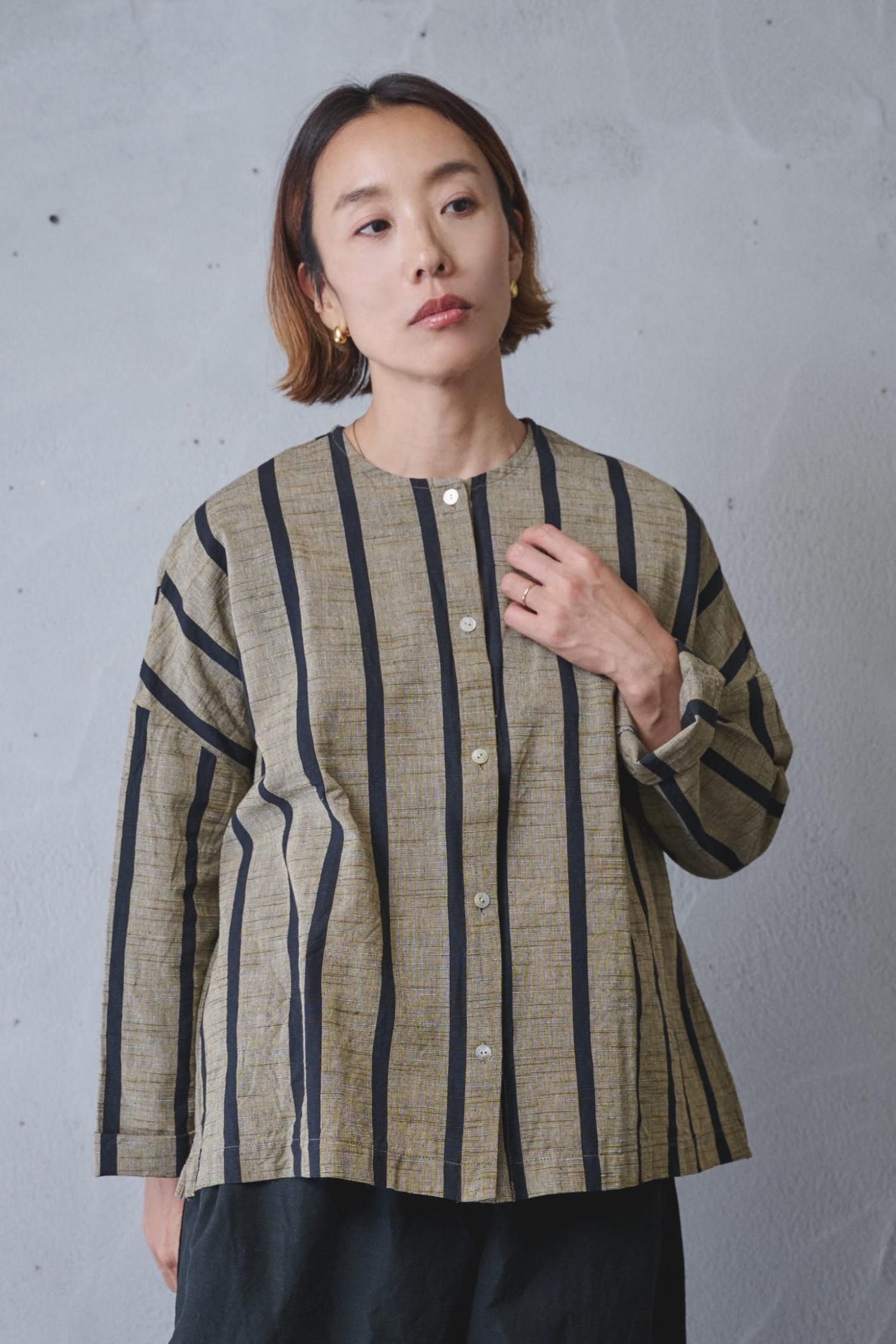 YAMMA 会津木綿 丸首ボタンシャツ（ともえ縞）- poooL (online shop)