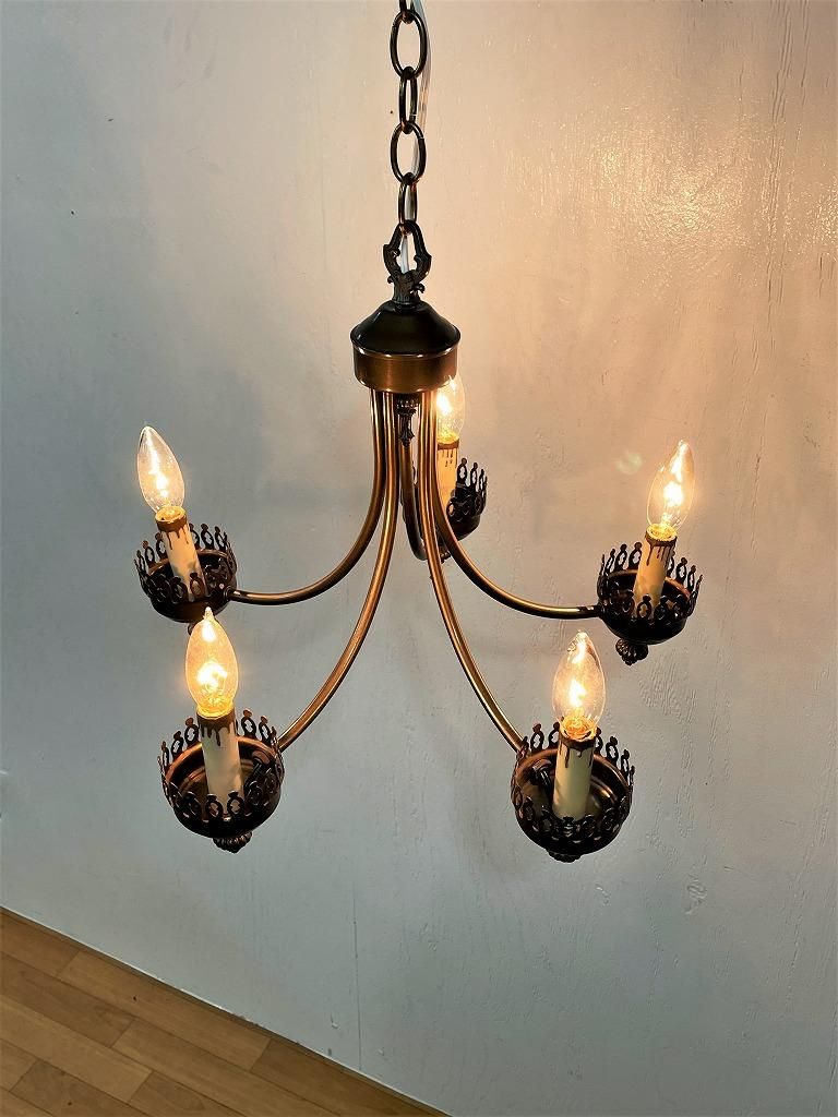 じゅん）独70年代DOMUS チーク無垢材 ヴィンテージ・5灯シャンデリア