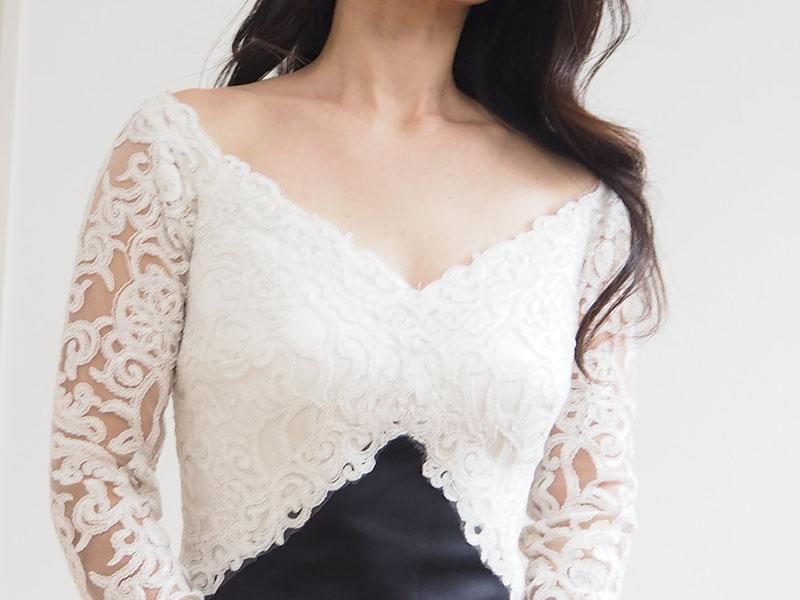 SALE】オフショルダー 長袖 バイカラーワンピース 白×黒 - タダシ