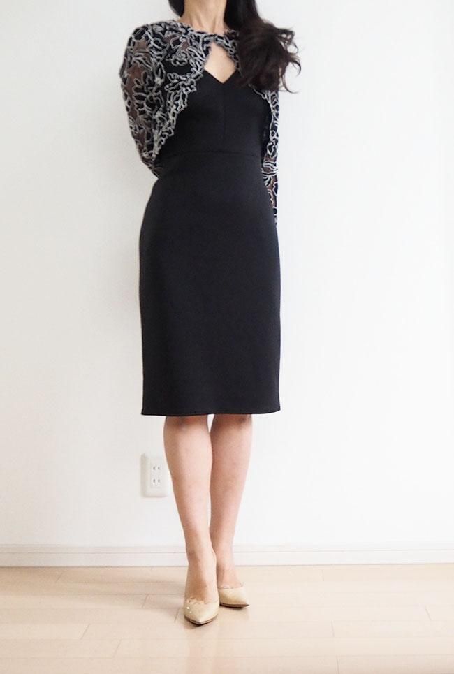 US6【SALE】フラワーレース ボレロ風 長袖 クラシックワンピース 黒