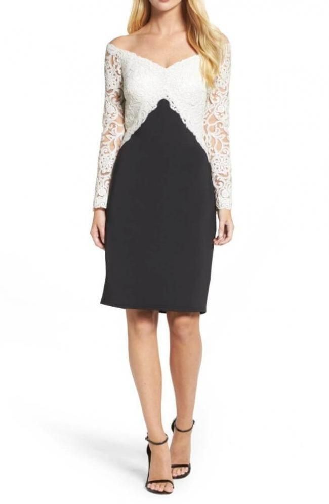 SALE】オフショルダー 長袖 バイカラーワンピース 白×黒 - タダシ