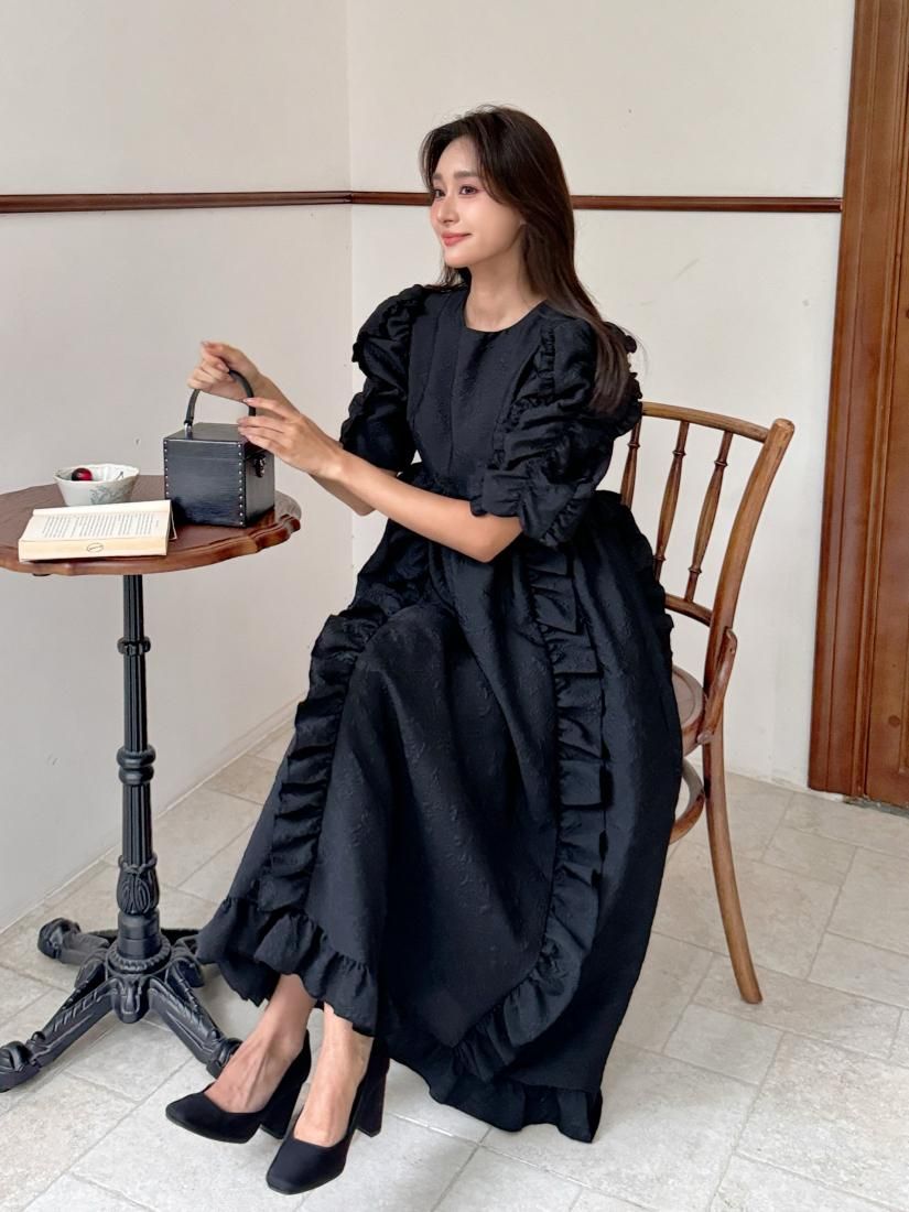FRILL PUFF JACQUARD DRESS - BIRTHDAY BASH