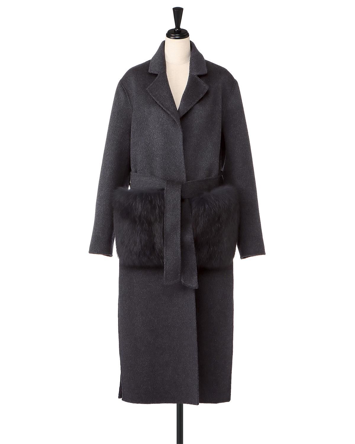 受注商品】ウールダブルフェイスポケットFOXファーロングコート