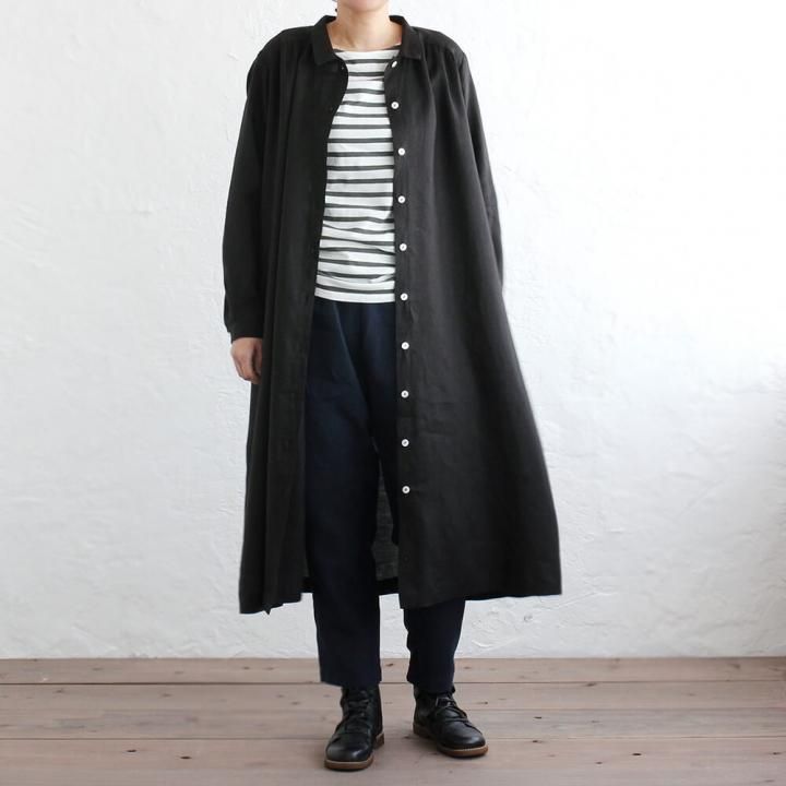 リネン シャツワンピース 前開きギャザー 2way羽織り （ブラック