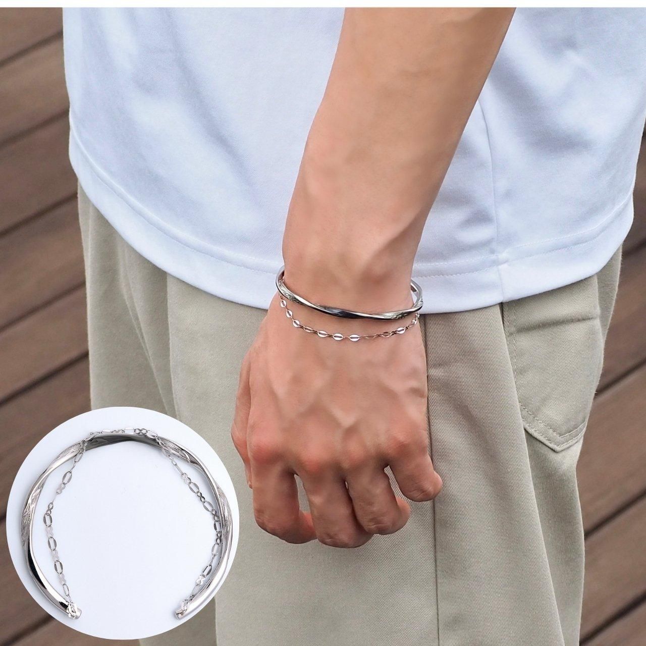 重ね付けに見えるバングル シルバー＆ブラック Mサイズ - ラキタスショップ