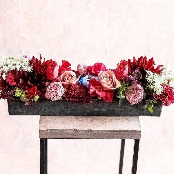 フラワーアレンジ】横長アレンジ Lサイズ(赤系-01)‐サムライフラワー