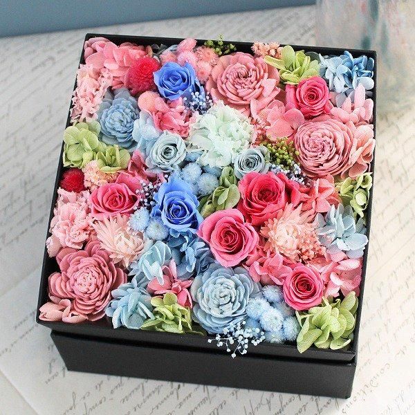 ボックスフラワー】プリザーブドフラワー Mサイズ（ブルー・ピンク系