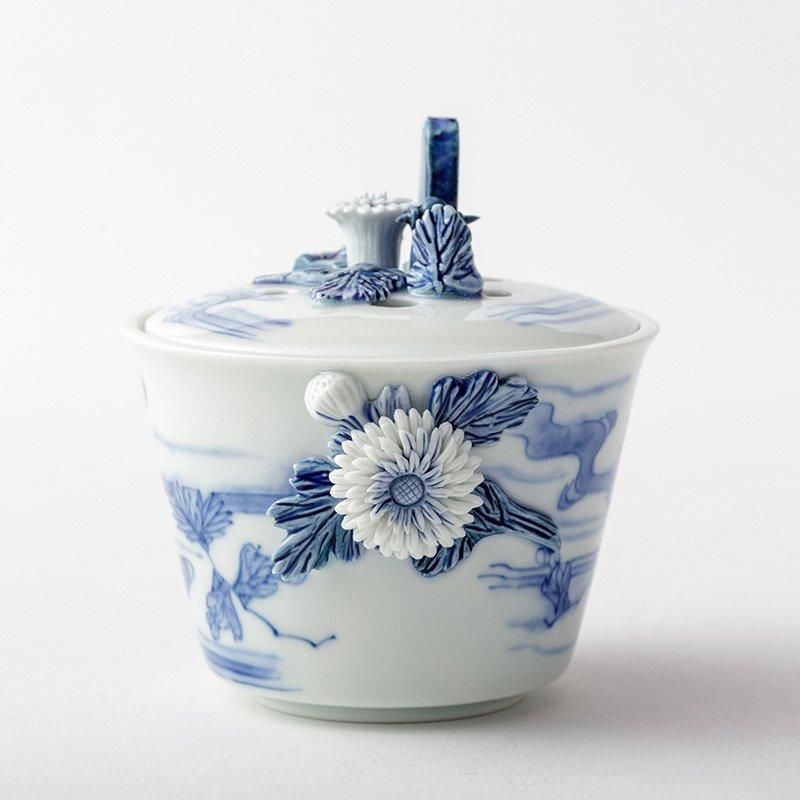 平戸洸祥団右ヱ門窯 菊花飾菊流水文香炉 菊二輪 - いい日になりますように