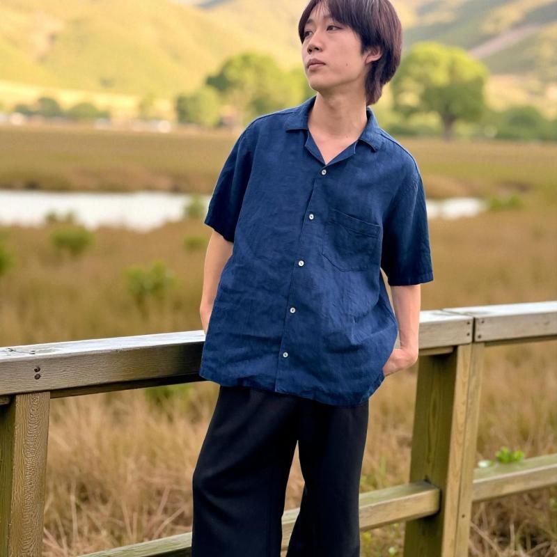 開襟シャツ リネン | 正藍染 メンズ - 天然素材服 Takane Sewing Studio