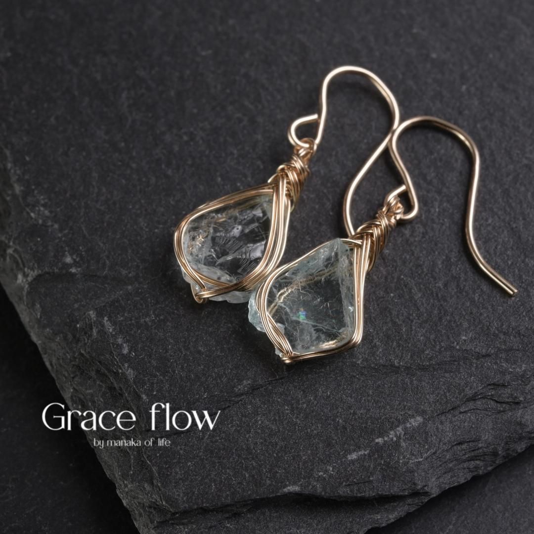 アクアマリン 原石 ピアス ワイヤーラッピング 鉱物 ピアス 14kgf