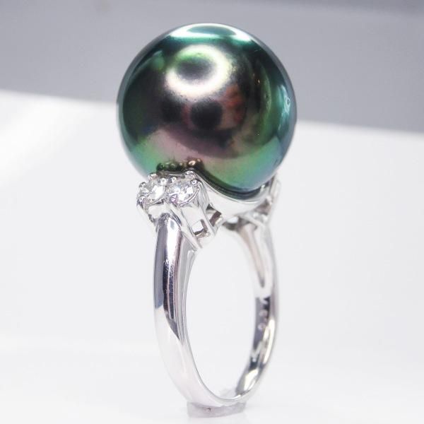 Pt900 オーロラピーコック黒蝶真珠 ダイヤモンドリング 17mm D 0.37ct