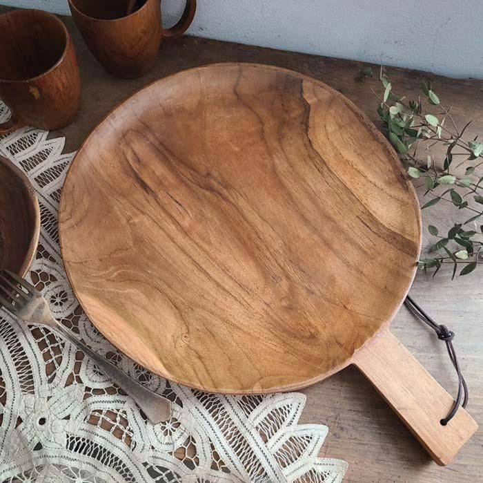 チーク木製ウッド・ハンドルトレー・カッティングボード・ピザトレイ