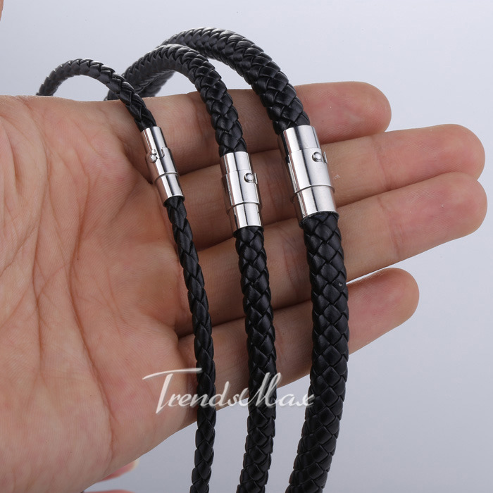 4/6/8MM Mens Black Braided Cord Rope Leather Necklace Choker w