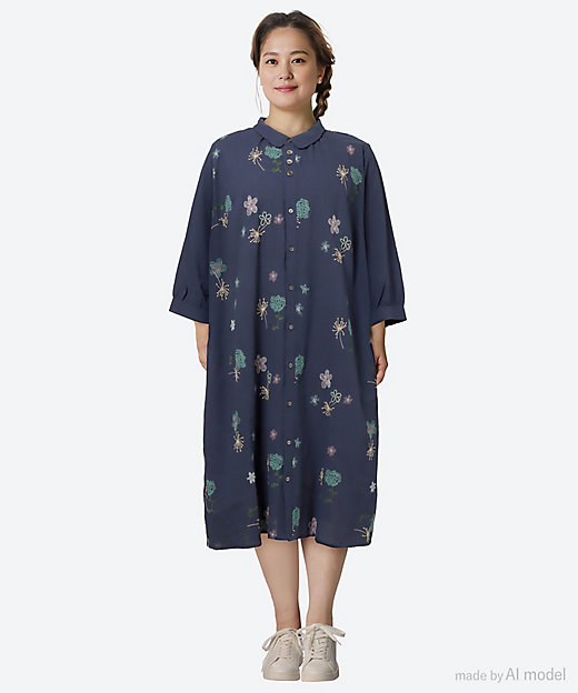 綿麻ハンドワッシャー ローズスパーク刺繍シャツワンピース 前開き