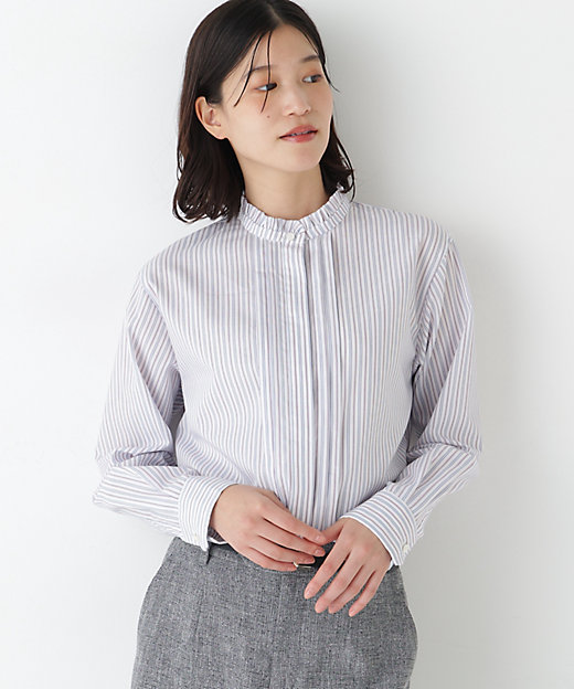 ◇先染めストライプスタンドフリルブラウス（0776110203