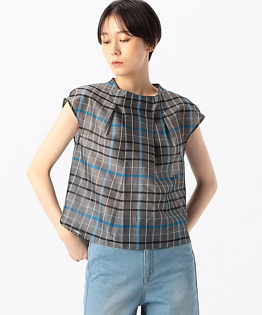 シアーリネンチェック フレンチスリーブブラウス（0103HH01