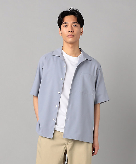 リネンライクストレッチ オープンカラー半袖シャツ （0720IK07