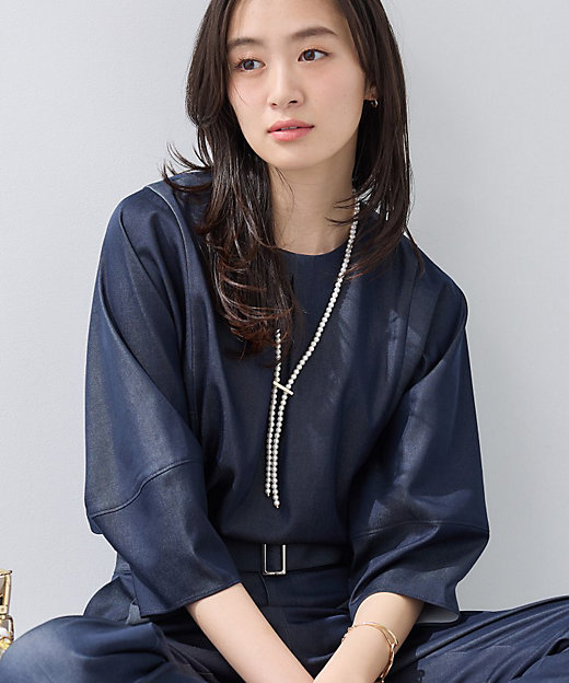 洗える／UVケア／SETUP可能】デニムライク ランタン袖ブラウス