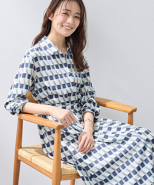 洗える／2WAY】ベルト付き ジオメトリック柄 シャツワンピース