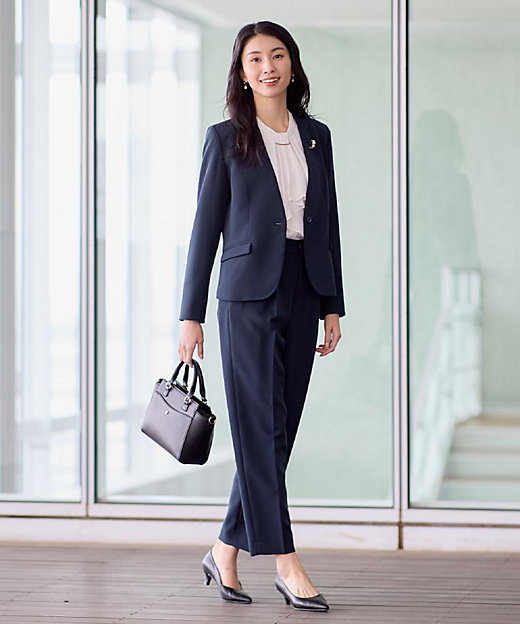 通勤・セレモニー】ダブルクロス ノーカラージャケット／セットアップ