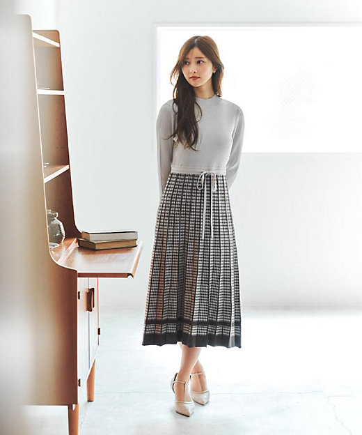 千鳥チェックバイカラーニットワンピース【洗濯機OK／抗ピル