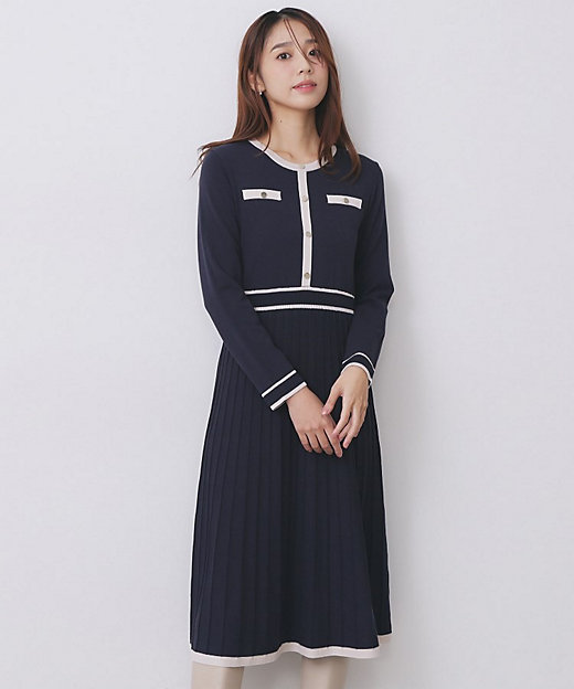 バイカラードッキング風ニットワンピース【洗濯機OK／抗ピル