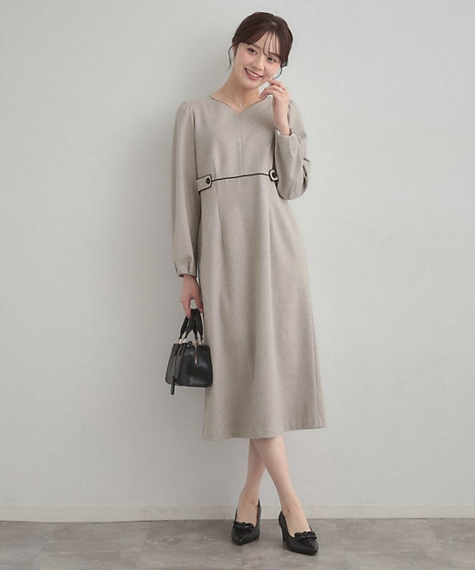 通勤・起毛ポンチ】配色Aラインワンピース（2002584800