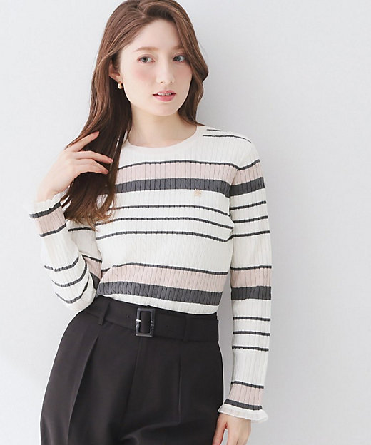 ランダムボーダーケーブルニット【洗濯機OK／坑ピル