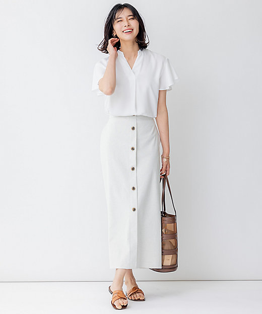 洗える】バックサテンアムンゼン 袖フリル キーネック ブラウス