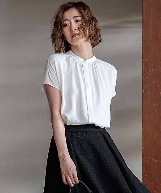 洗える】バックサテンアムンゼン パール釦 ブラウス