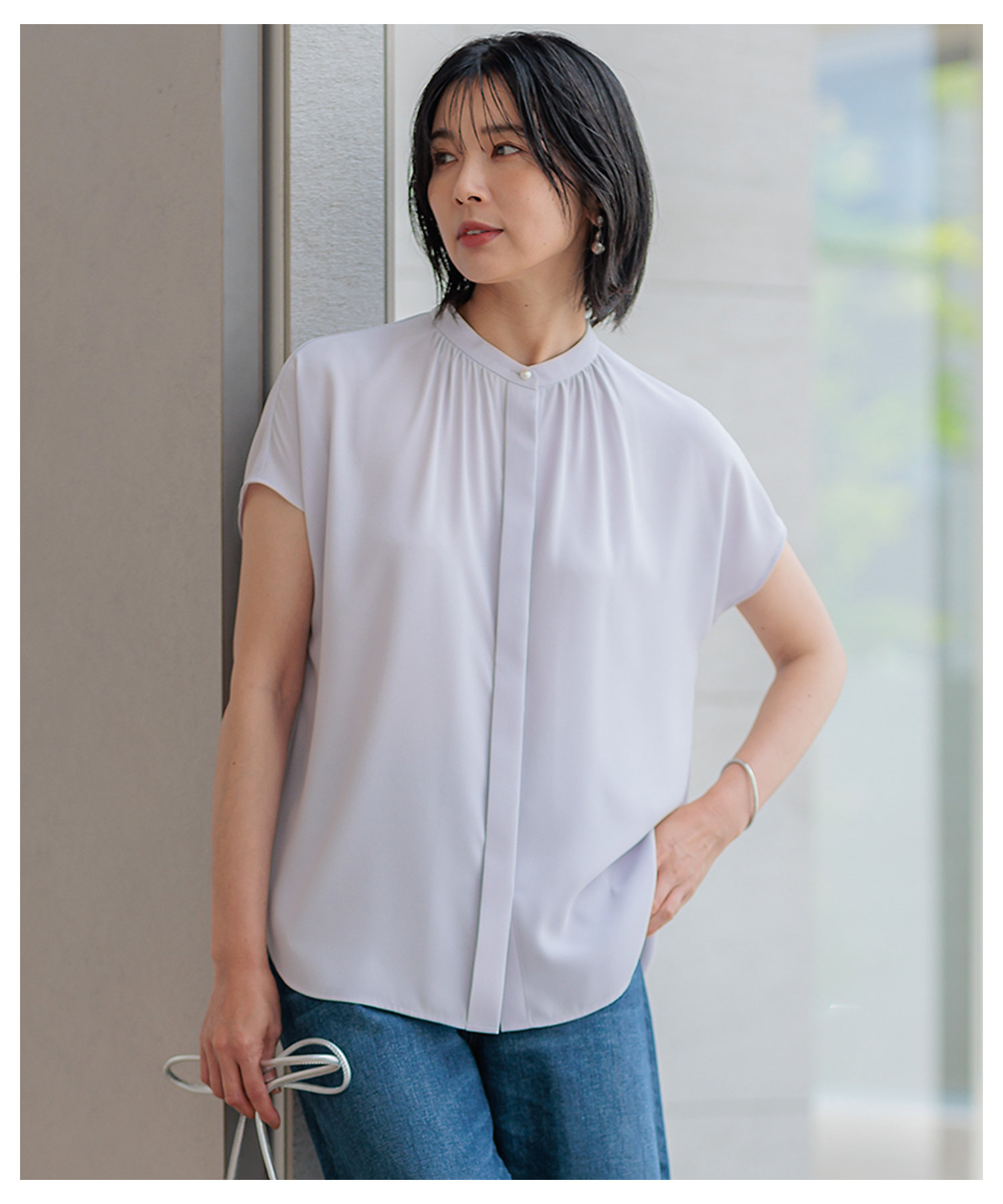 洗える】バックサテンアムンゼン パール釦 ブラウス