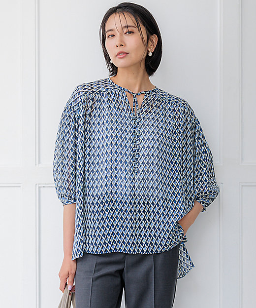 洗える】Ratti コラージュプリント ギャザー ブラウス