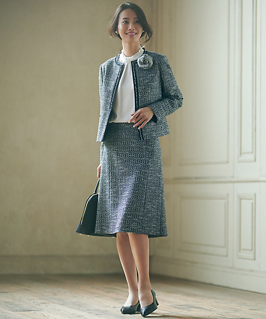 セットアップ対応】シャインツイードストレッチ ノーカラー ジャケット