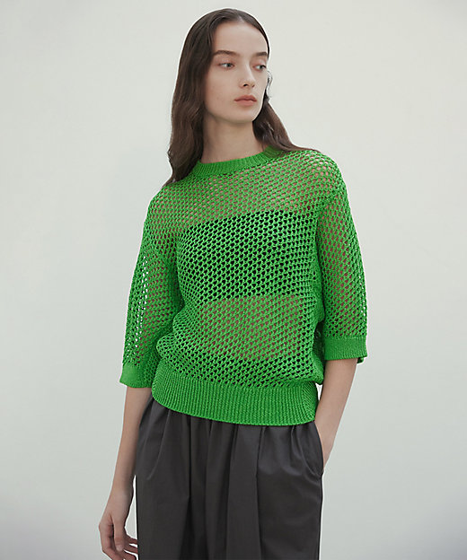 洗える】ALOE ／ コットンメッシュ半袖クルーネックニット