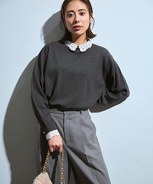 洗える】エンブロイダリー フラワーレースコンビ ニット