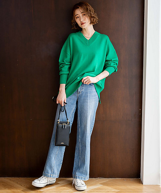 洗える】ウールミドルゲージ Vネック チュニック ニット