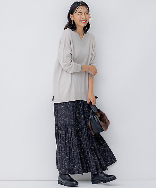 洗える】ウールミドルゲージ Vネック チュニック ニット