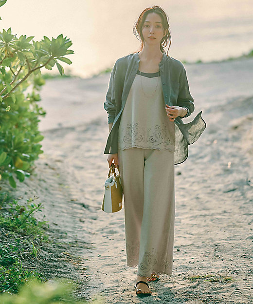 洗える】リネンエンブロイダリー ワイドパンツ（PRWOCM0508