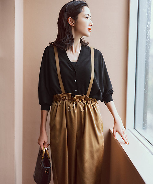 接触冷感／洗える】ヴィンテージソフトサテン サスペンダー パンツ