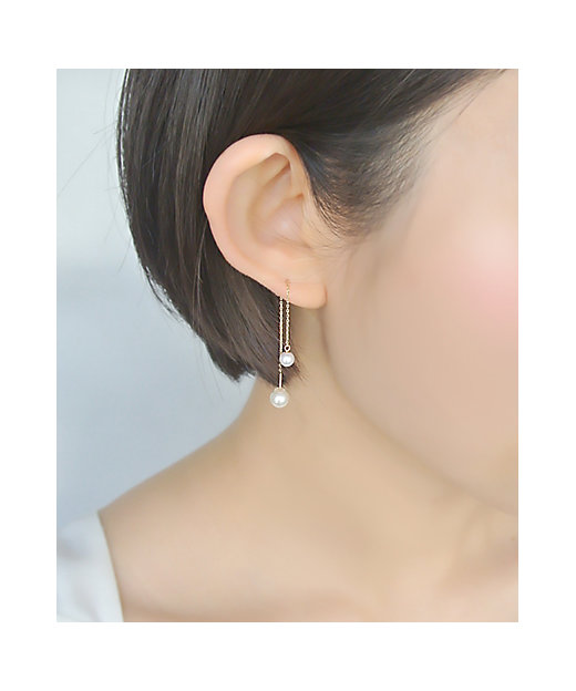 K10イエローゴールド 淡水パールダブルキャッチチェーンピアス