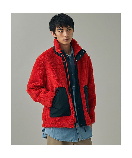 パッチポケット 異素材切り替え スタンドカラーボアフリースブルゾン