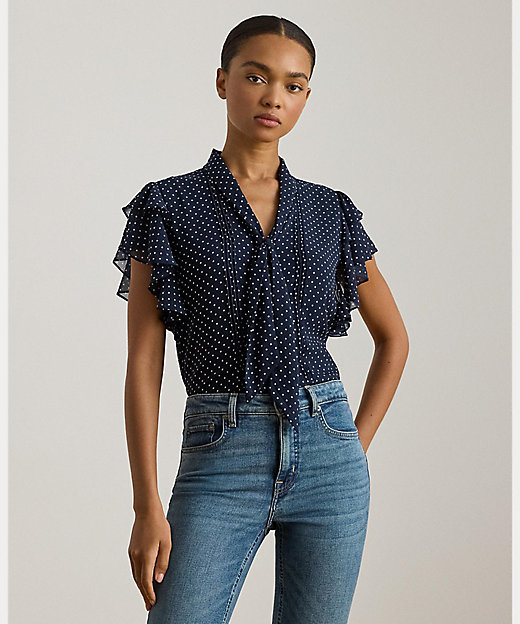 ポルカドット ジョーゼット タイネック ブラウス