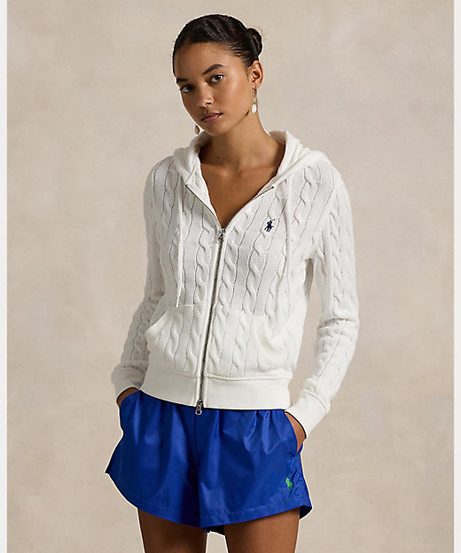 ケーブルニット コットン フルジップ フーディ