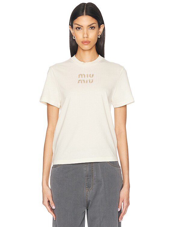 Miu Miu Logo T-Shirt in Natural | FWRD