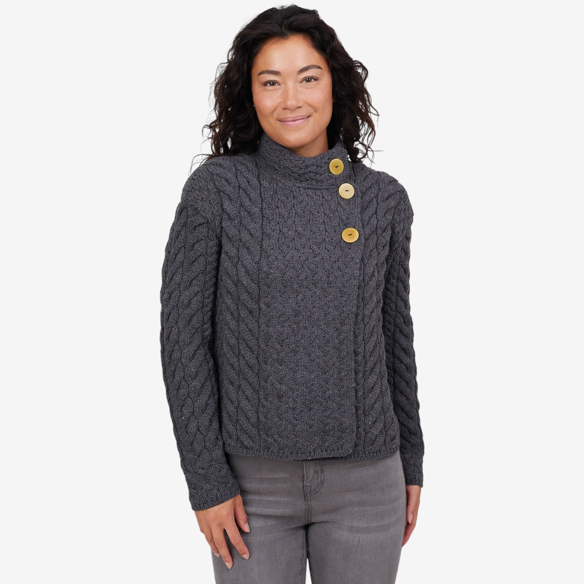 Aran Woollen Mills Asymmetrical Multi-Cable Cardigan with Buttons