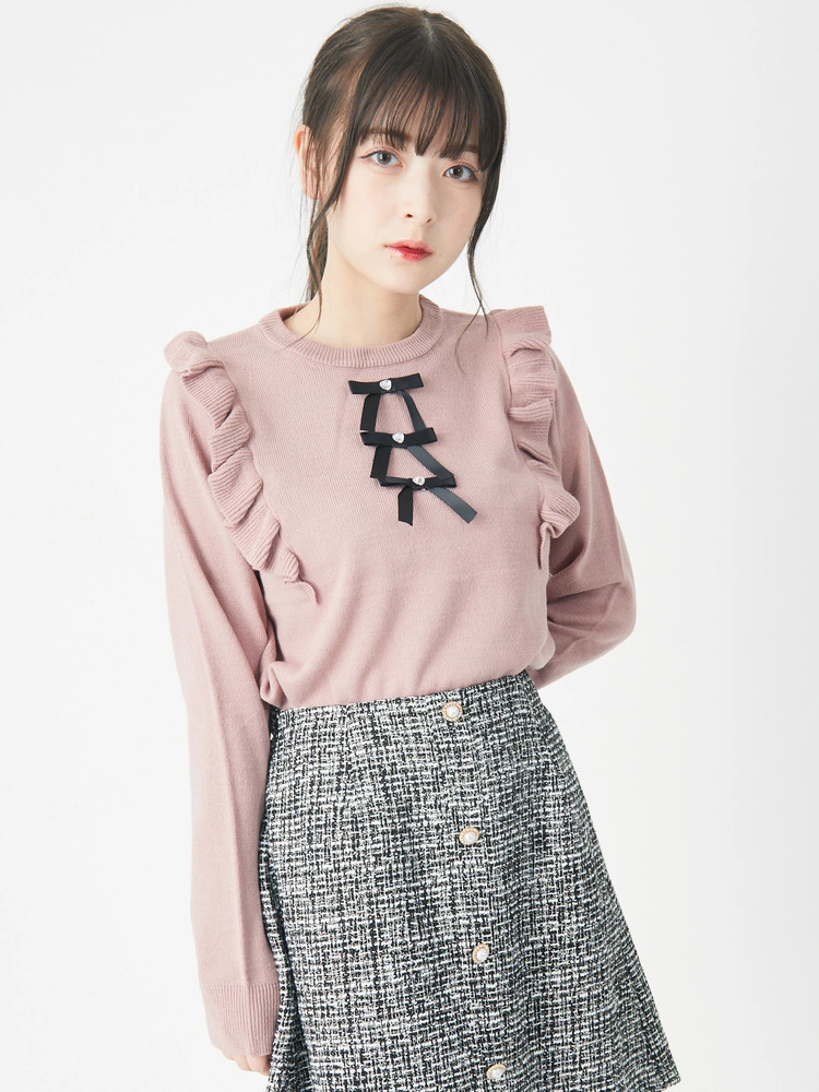 re amourビジューリボンニット 白 ReAmour ニット セーター ビジュー